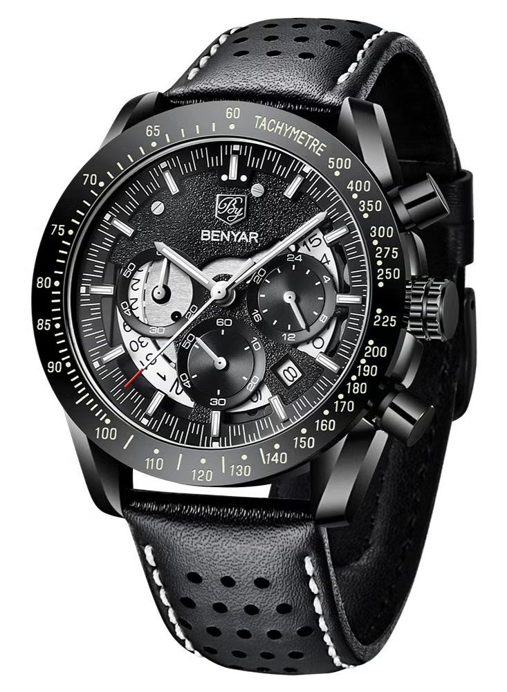 BENYAR Watches for Men Luxury Quartz Water Resistant Watch Men's Chronograph Genuine Leather Strap 5120 Black - Image 1